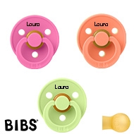 BIBS Colour Schnuller mit Namen, Gr. 2, 1 Bubblegum, 1 Papaya, 1 Matcha, Rund Latex, (3er Pack)